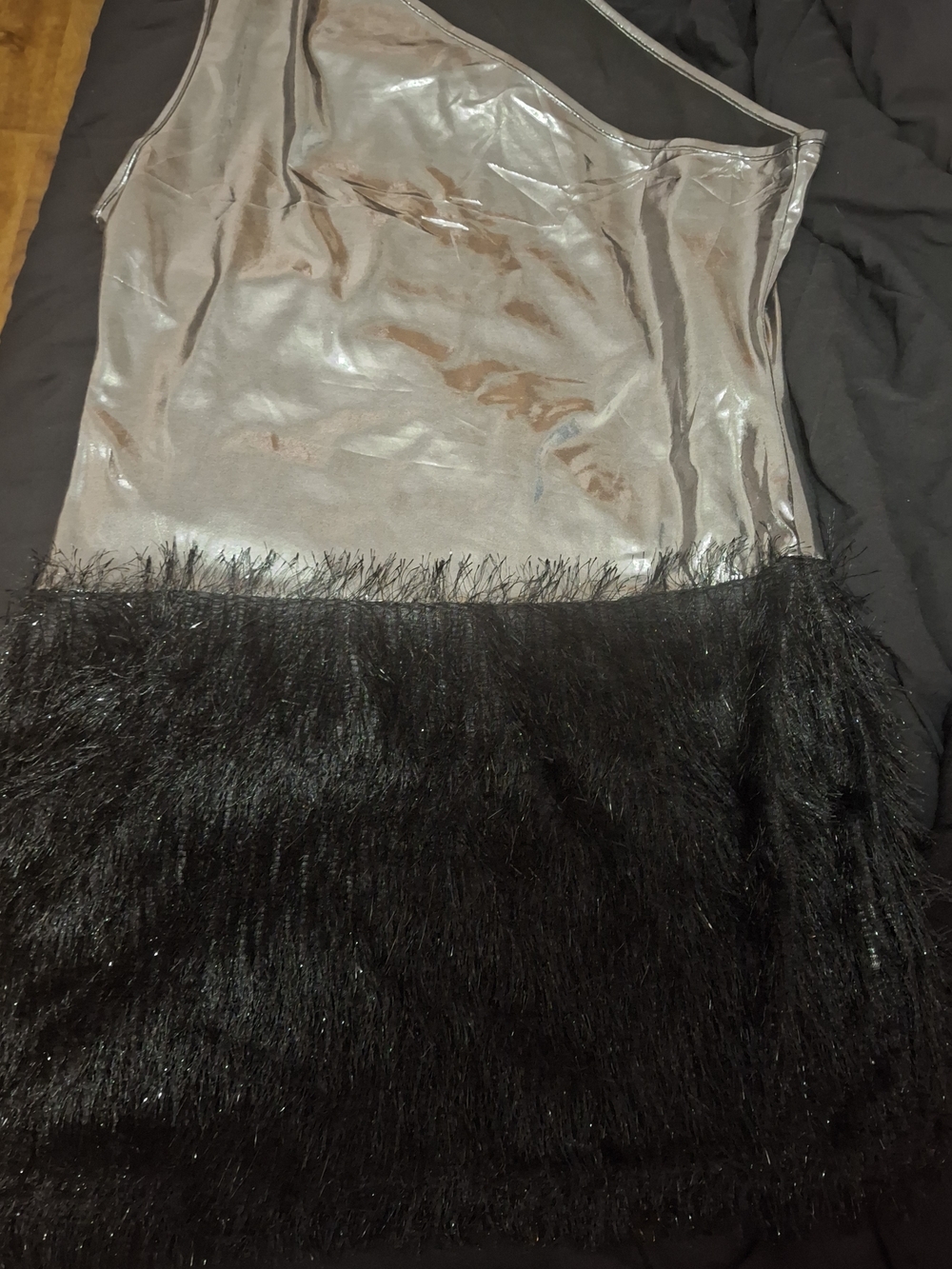 Silver Metallic One-Shoulder Dress with Black Feather Trim